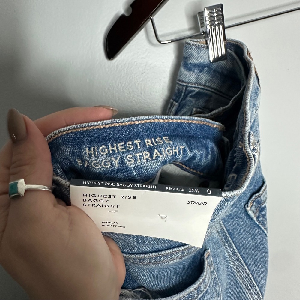 American Eagle‎ Highest Rise Baggy Straight Jeans Women 0 NWT Distressed Knee - Picture 8 of 9